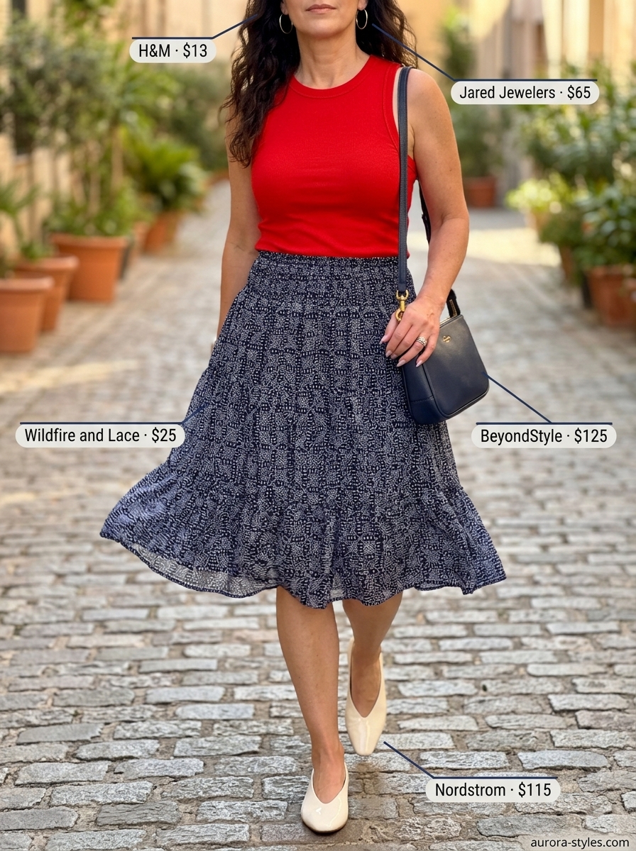 Navy abstract print midi skirt with white top for summer fashion outfits for women 2026 daytime event.