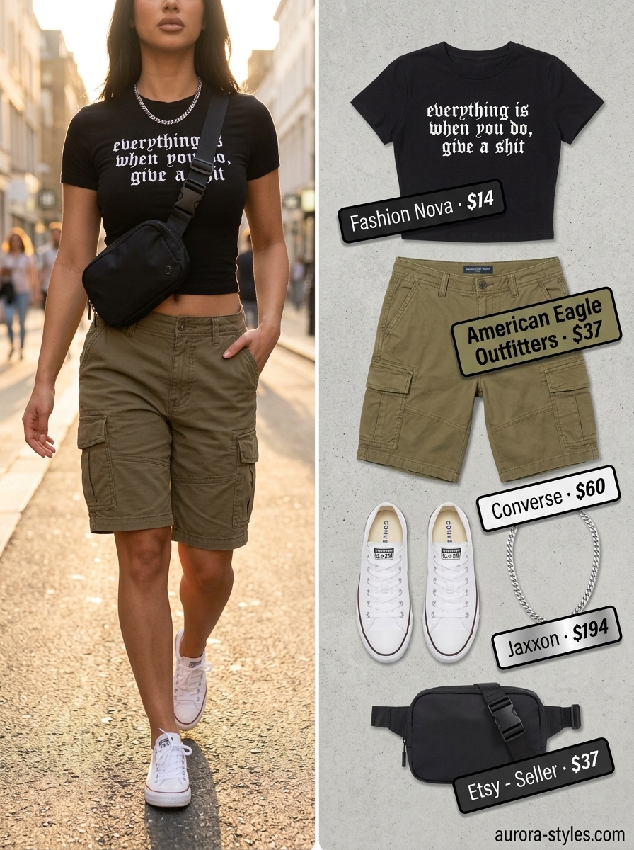Olive green cargo shorts and graphic tee for summer fashion outfits for women 2026. Casual and edgy.