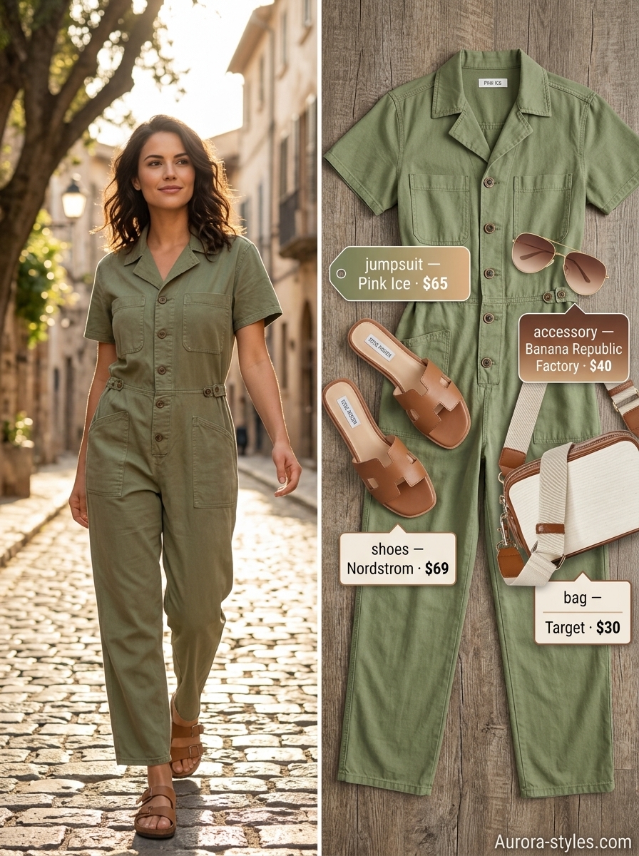Olive green utility jumpsuit for summer fashion outfits for women 2026. Perfect for travel and casual days.