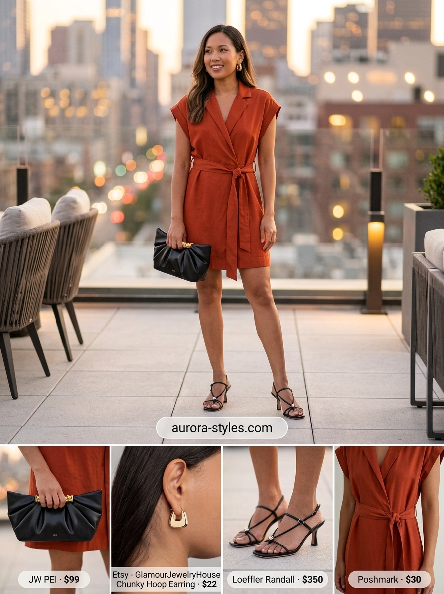 Mango orange satin midi wrap dress with black heels for summer fashion outfits for women 2026 date night.