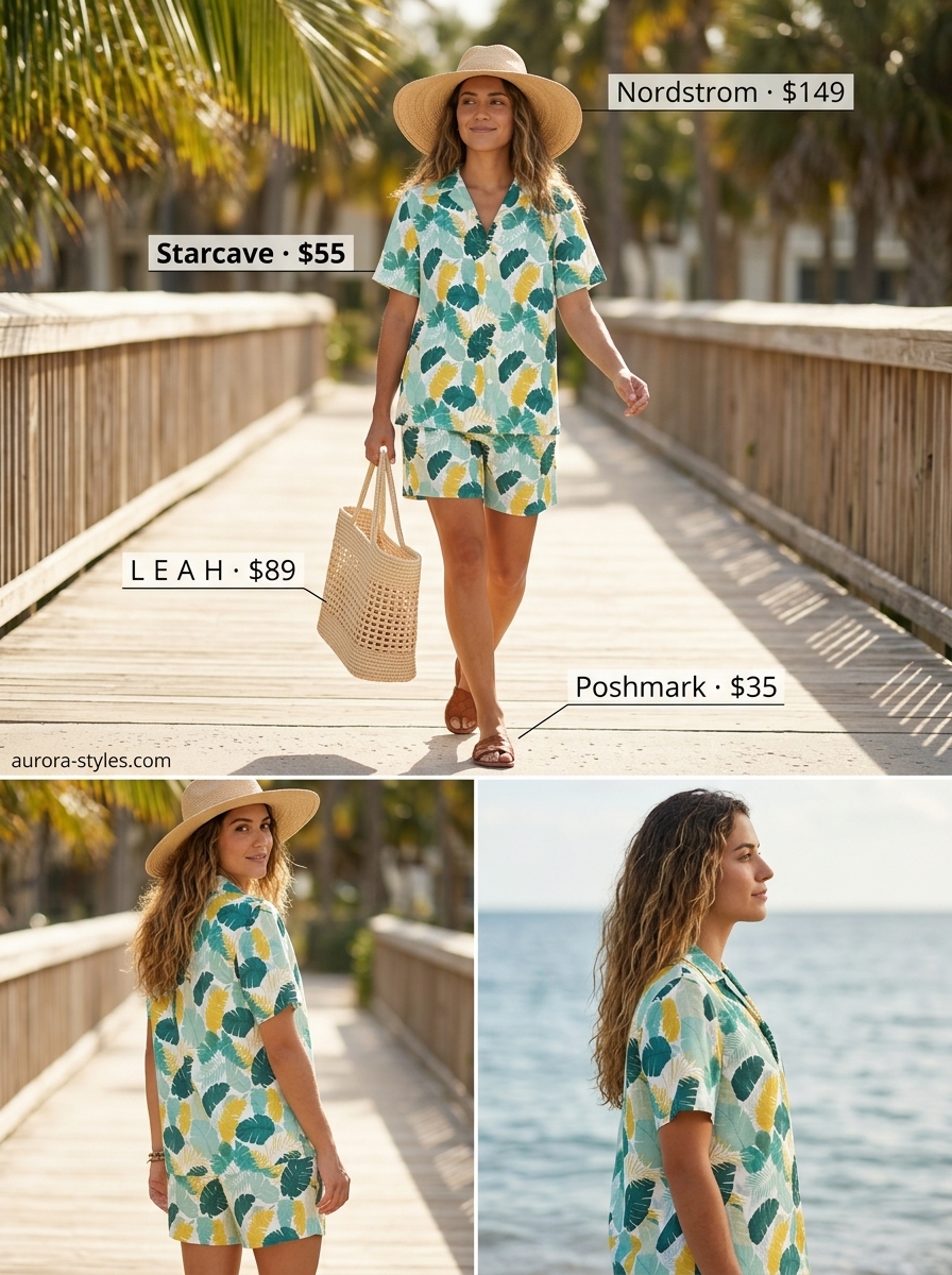 Teal and green palm print matching set for summer fashion outfits for women 2026. Ideal for vacation.