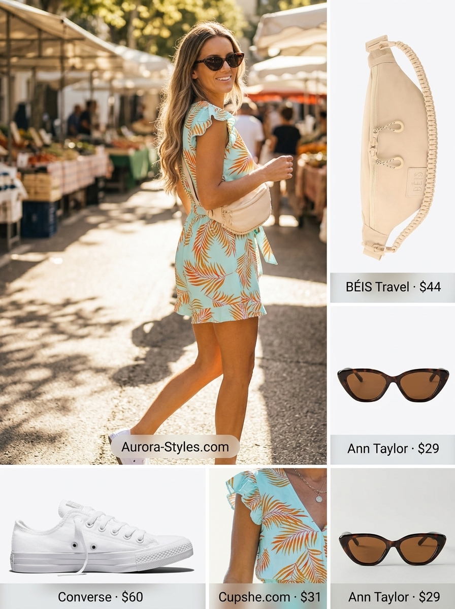 Retro romper outfit for women 2026: teal abstract print romper, white sneakers, nylon belt bag, cat-eye sunglasses.