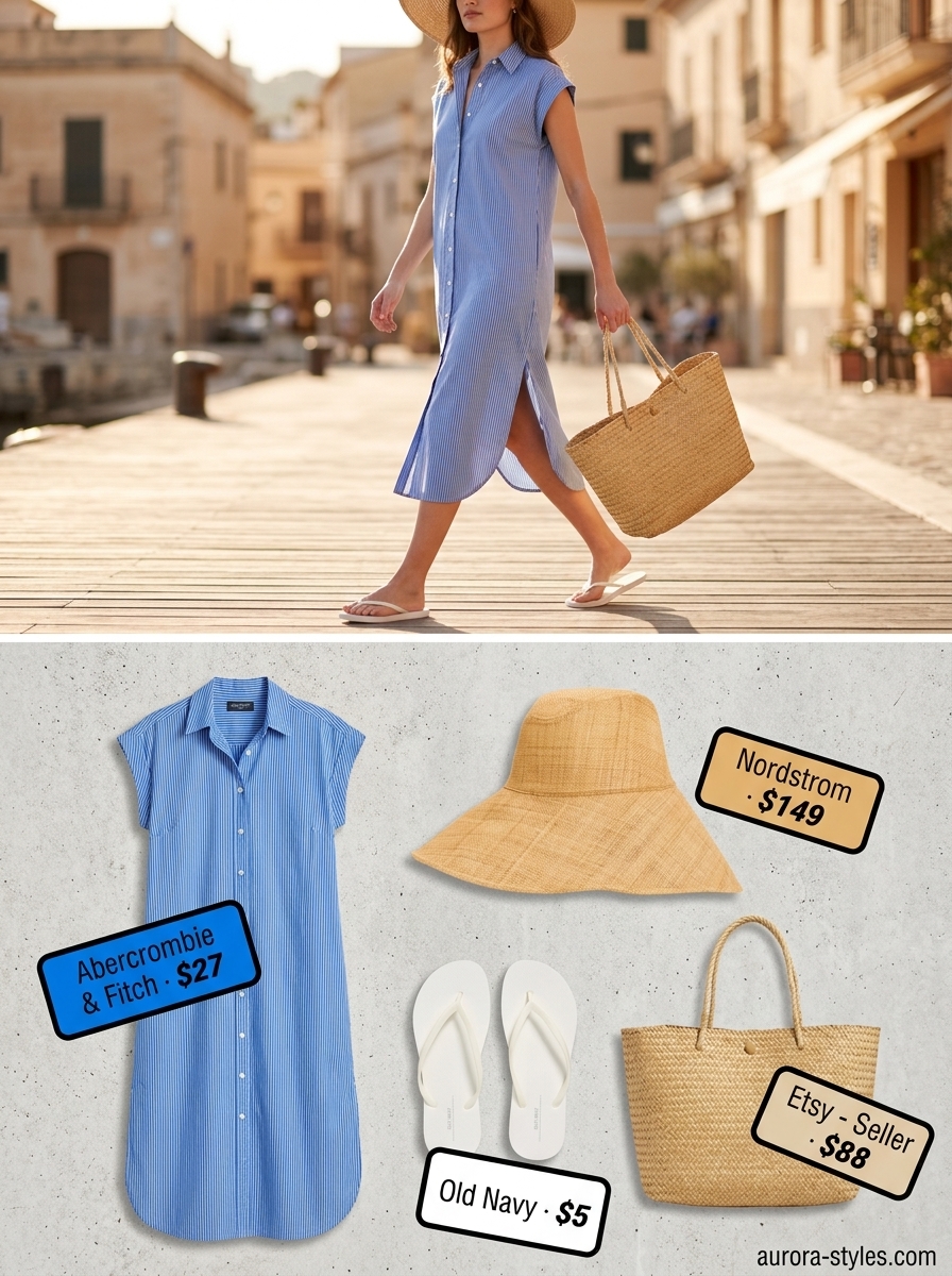 White and blue striped oversized shirt dress for summer fashion outfits for women 2026 beach day.