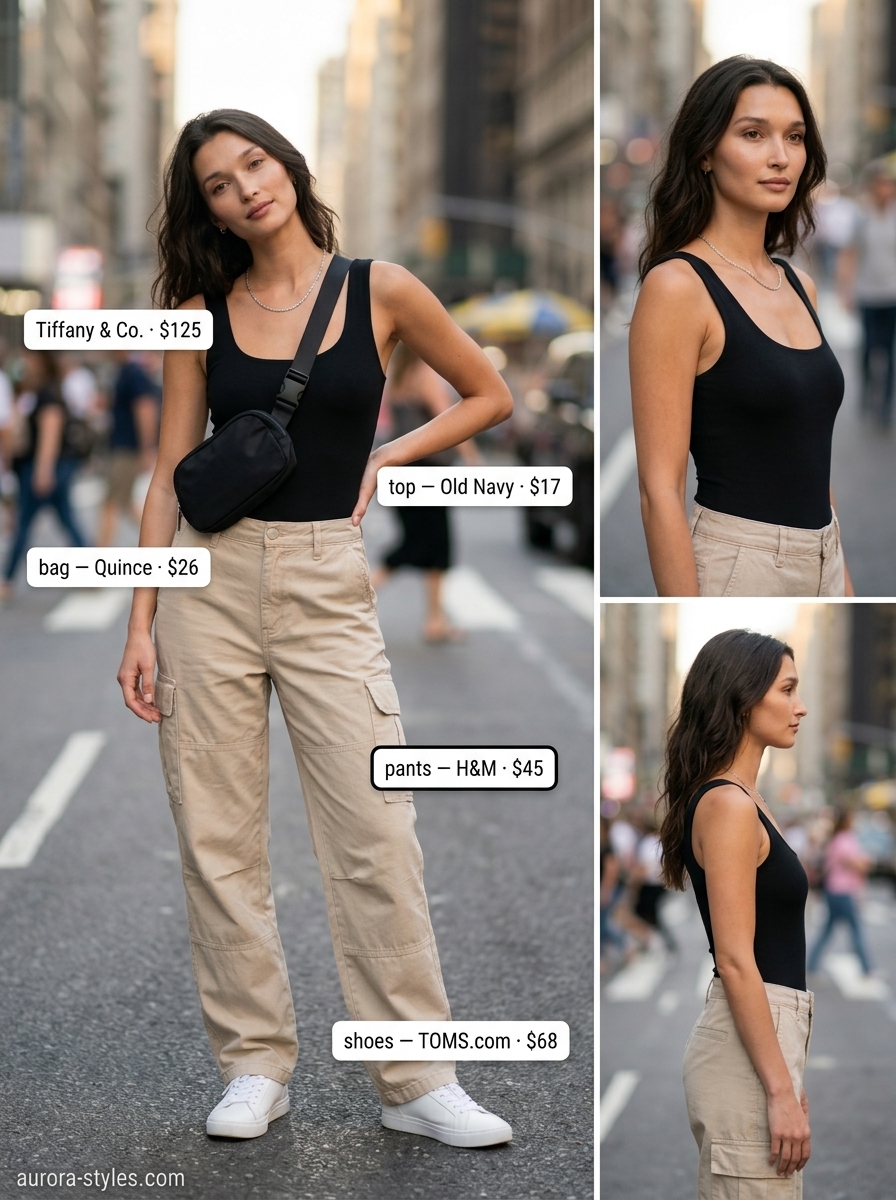 Taupe cargo pants and white bodysuit for summer fashion outfits for women 2026. Ideal for errands and travel.