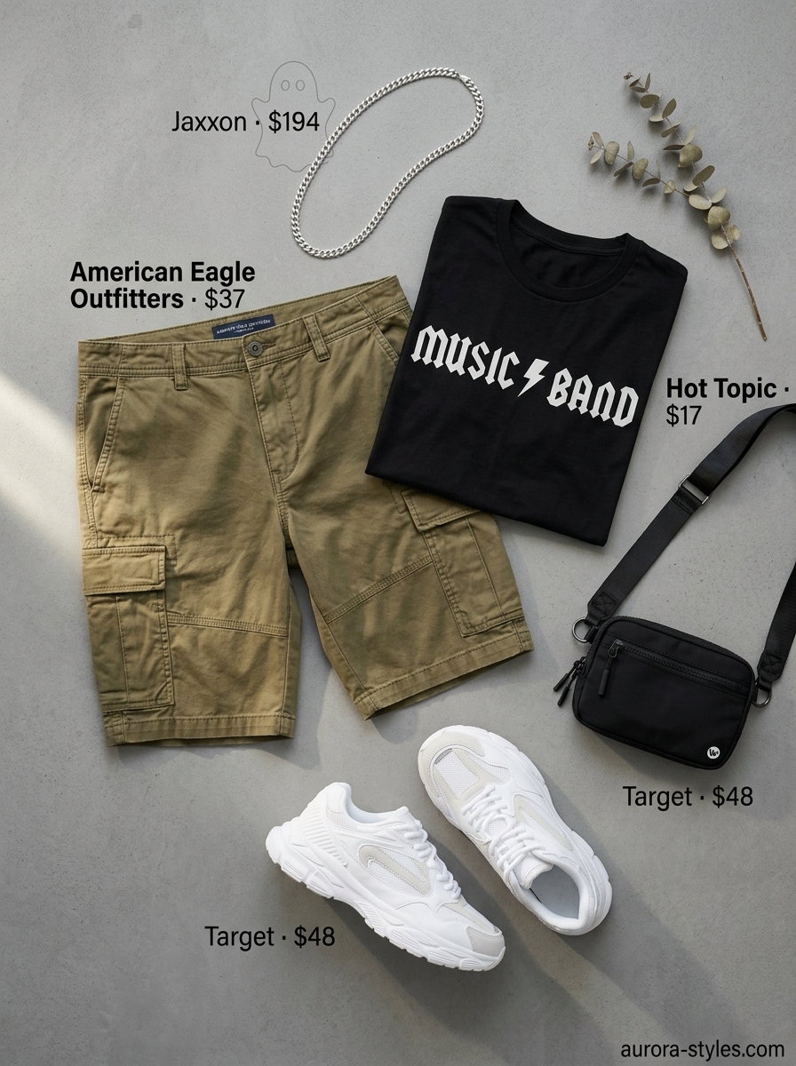 Urban Explorer cargo shorts outfit for women 2026: olive green shorts, black graphic tee, white chunky sneakers, crossbody bag.