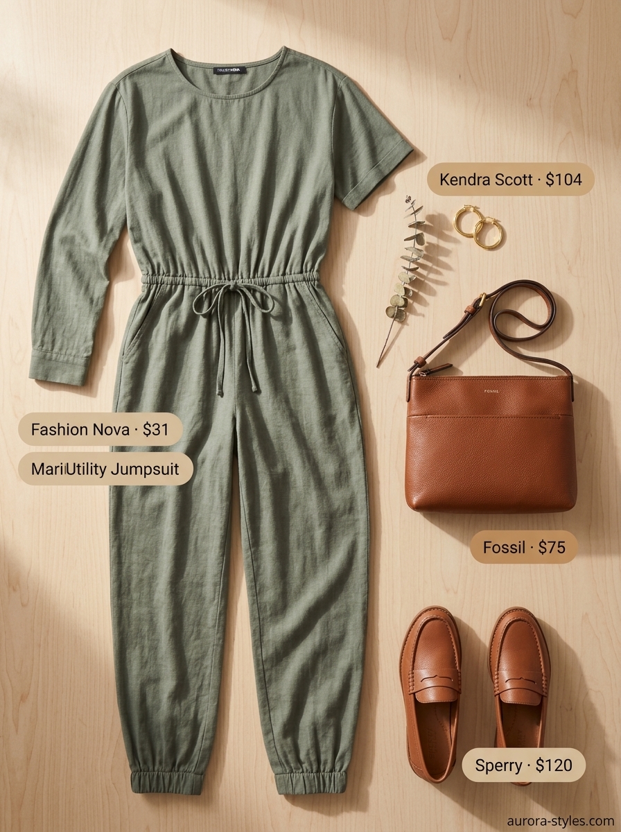 Weekend getaway jumpsuit outfit for women 2026: khaki utility jumpsuit, tan crossbody bag, gold hoops.
