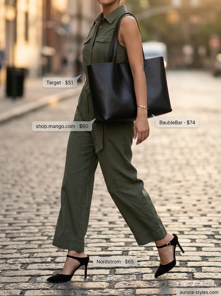 Khaki utility jumpsuit with black mules for summer fashion outfits for women 2026 casual day out.