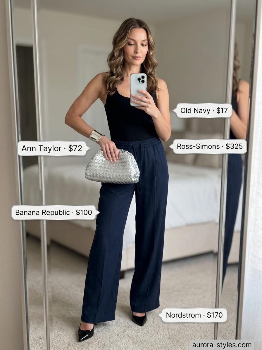 Sophisticated wide leg pants outfit for women 2026: navy trousers, black bodysuit, black heels, silver jewelry.