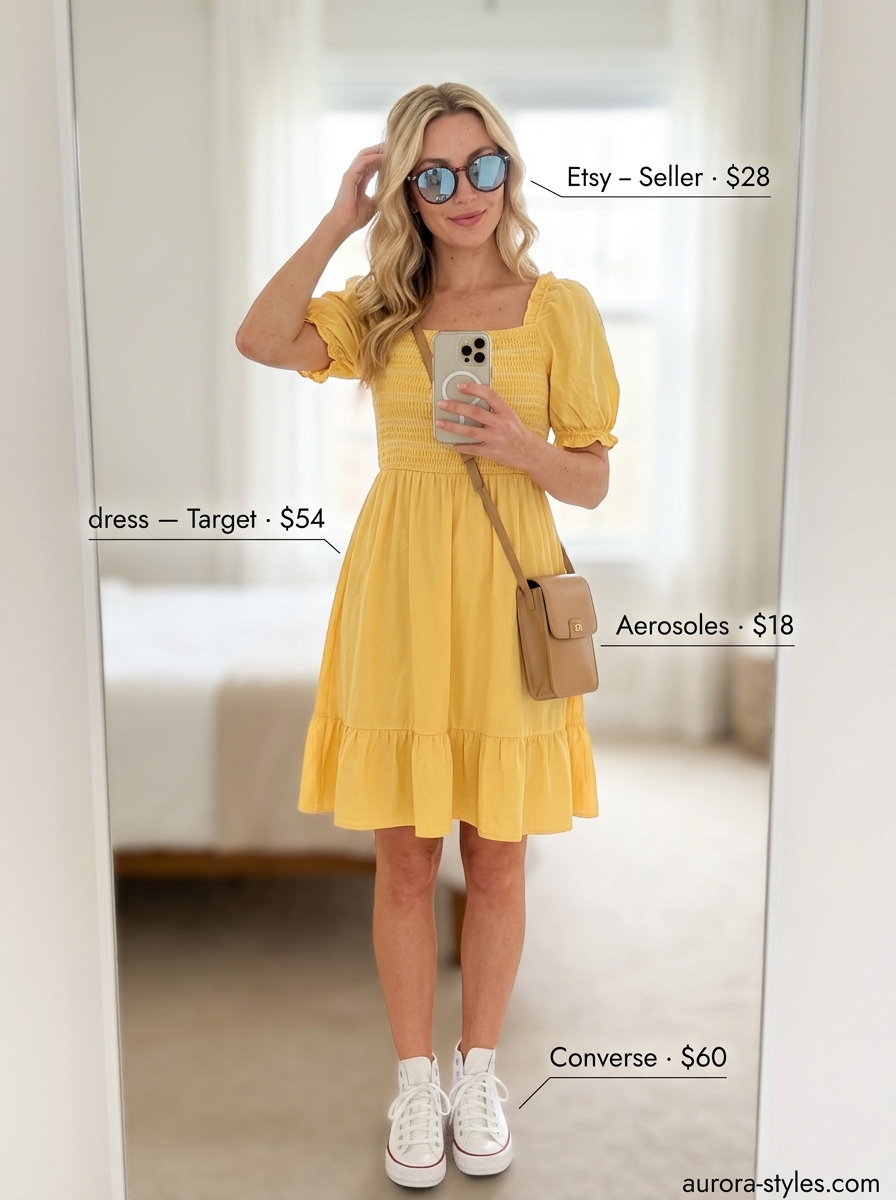 Yellow puff-sleeve mini sundress with white sneakers for summer fashion outfits for women 2026 casual day out.
