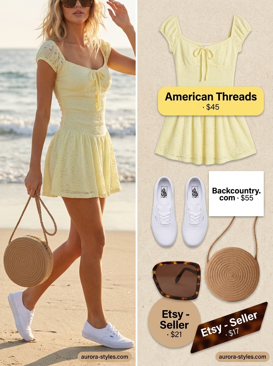 Playful sundress outfit for women 2026: yellow eyelet mini dress, white sneakers, straw bag, sunglasses.