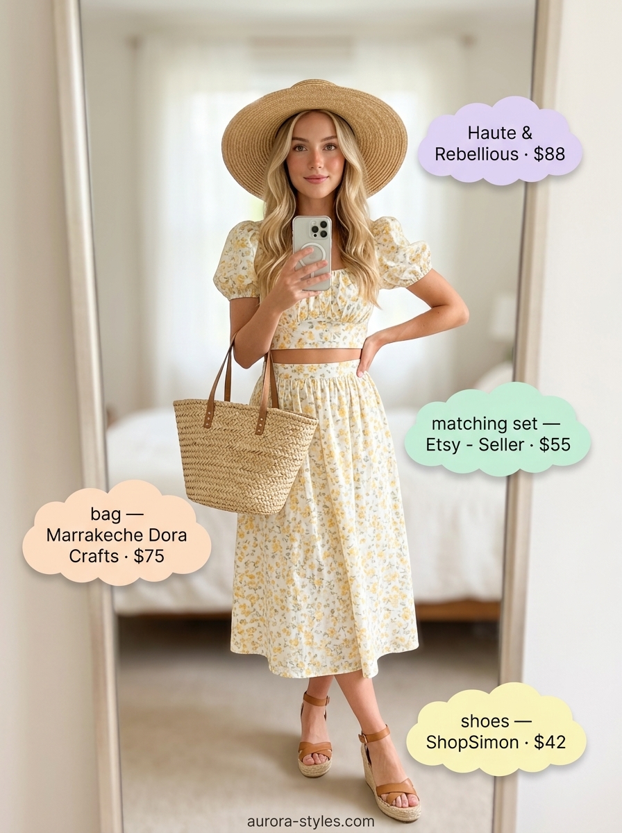 Stylish summer garden party outfits for women 2026: Yellow floral crop top and skirt set, straw hat, and espadrilles.