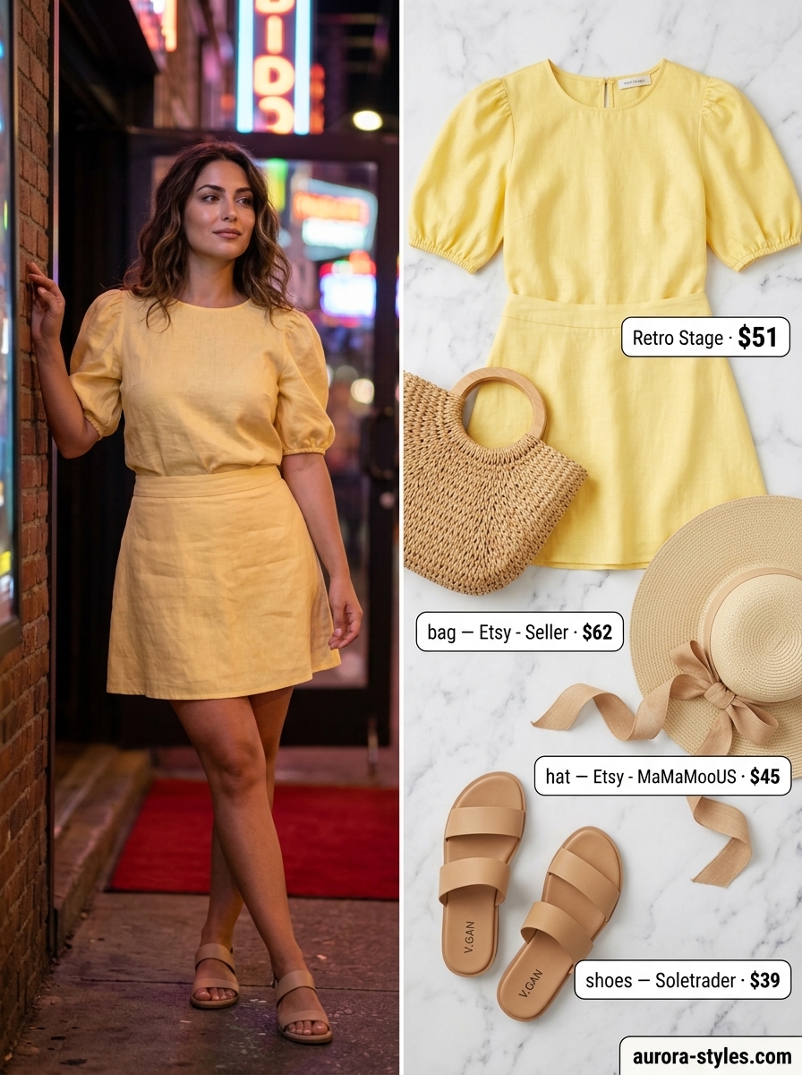 Butter yellow co-ord set & straw hat for summer garden party outfits for women 2026.