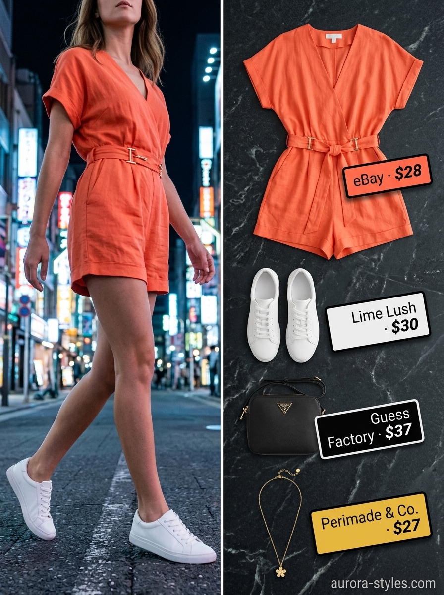 Coral orange romper & white sneakers for casual summer garden party outfits for women 2026.