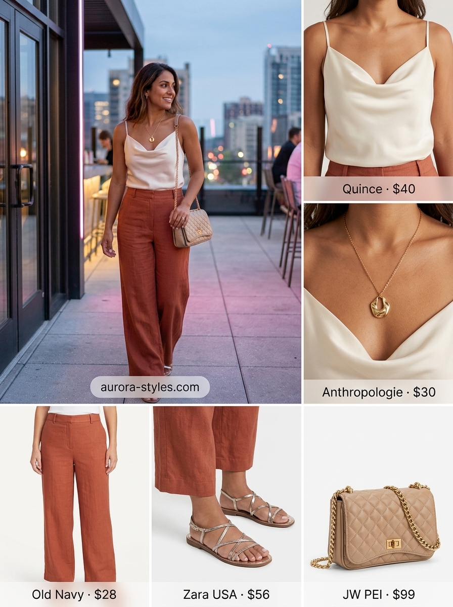 Coral linen trousers, cream camisole & gold sandals for summer garden party outfits for women 2026.