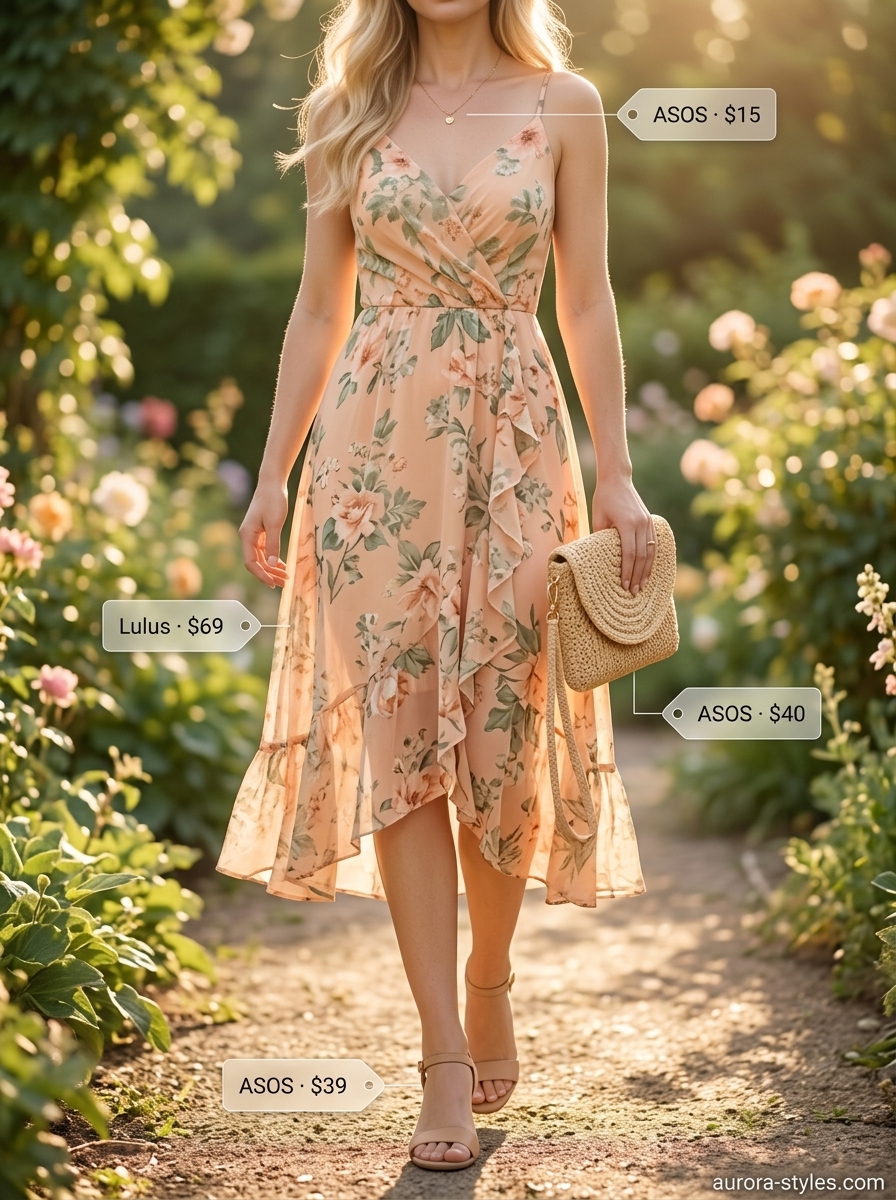 Elegant summer garden party outfits for women 2026: Peach floral midi dress, straw clutch, and gold necklace.