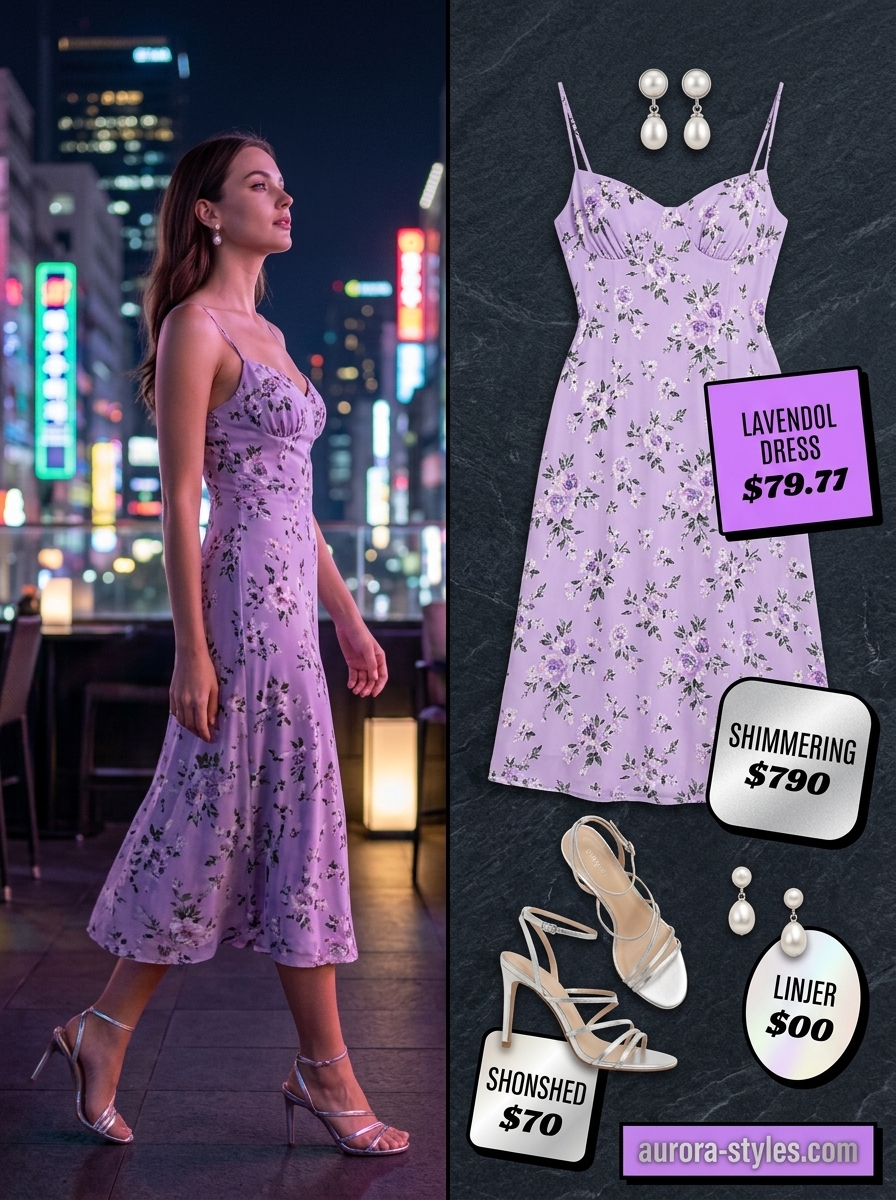 Lavender floral midi dress & cream block heels for summer garden party outfits for women 2026.
