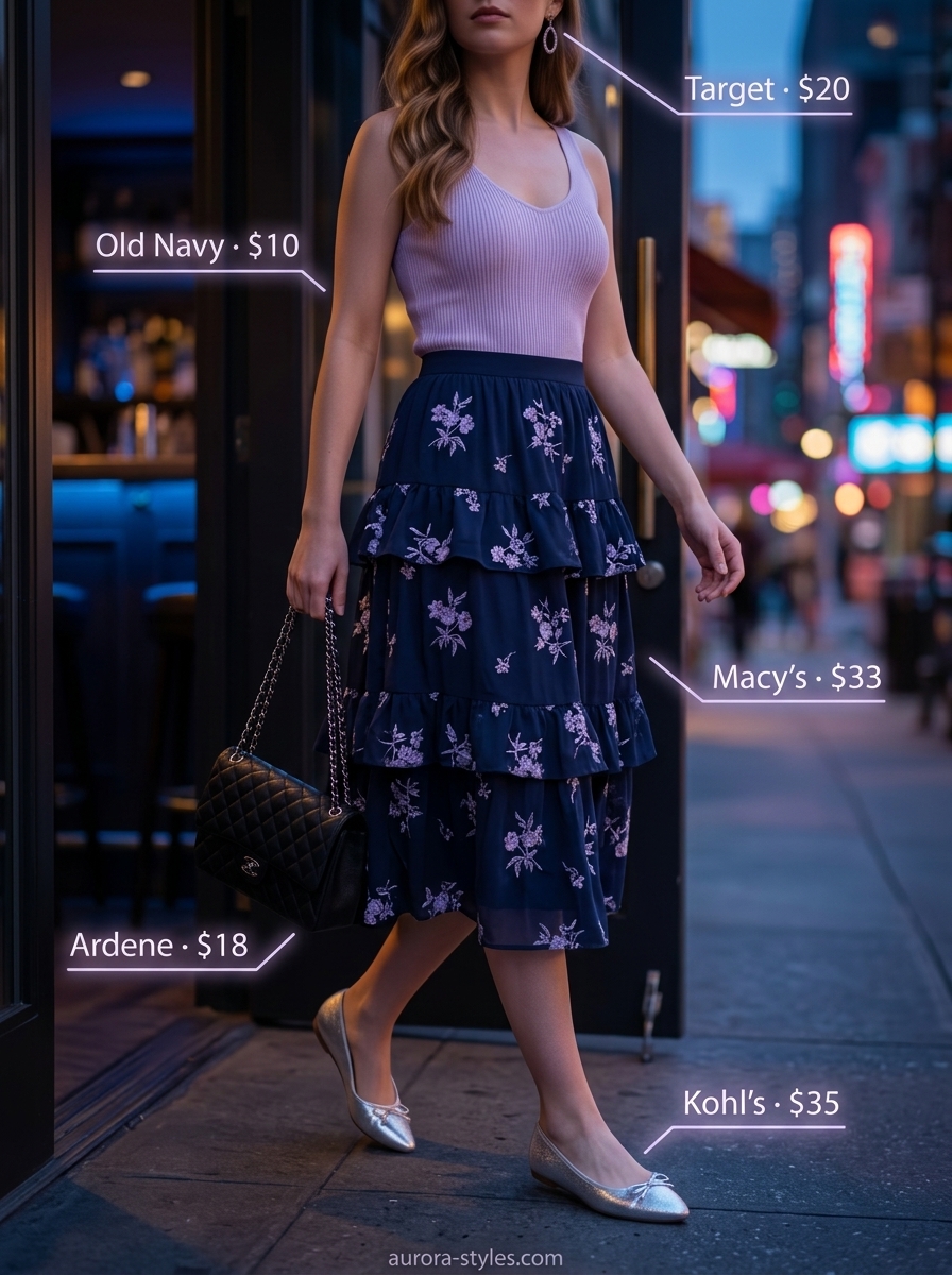 Dreamy summer garden party outfits for women 2026: Lavender midi skirt, white knit top, and silver ballet flats.
