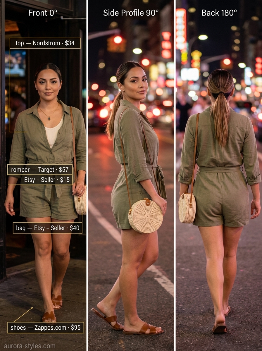 Olive green romper, cream tank & brown sandals for casual summer garden party outfits for women 2026.