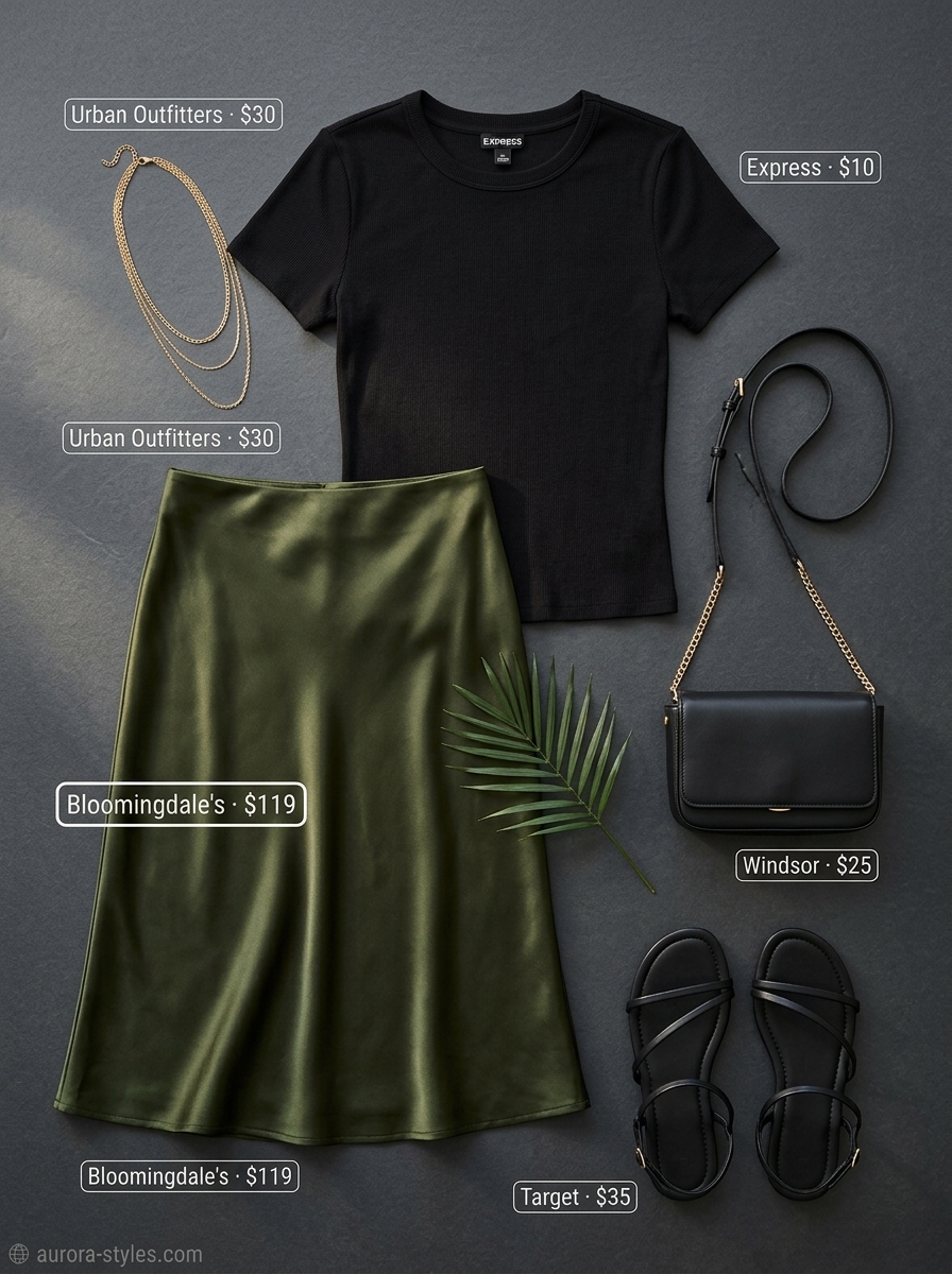 Olive green satin skirt, black knit top & gold necklaces for summer garden party outfits for women 2026.