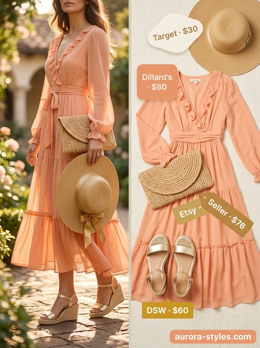 Peach maxi dress, espadrilles & straw hat for summer garden party outfits for women 2026.