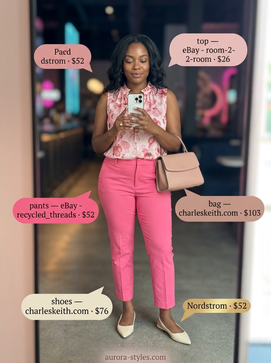 Summer garden party outfits for women 2026: Rose pink pants, cream floral blouse, and gold accessories for a refined look.