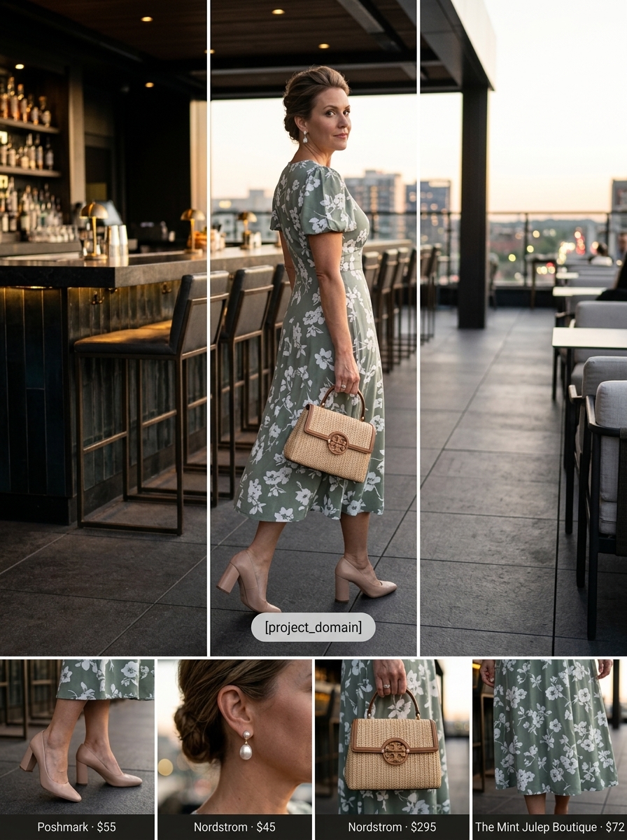 Sage green floral midi dress & nude mules for summer garden party outfits for women 2026.