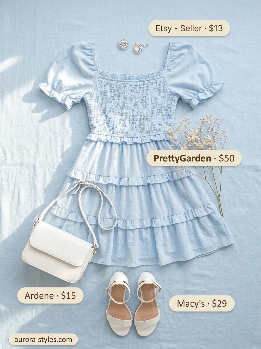 Baby blue tiered dress for summer garden party 2026. Sweet, charming look with white sandals and silver earrings.