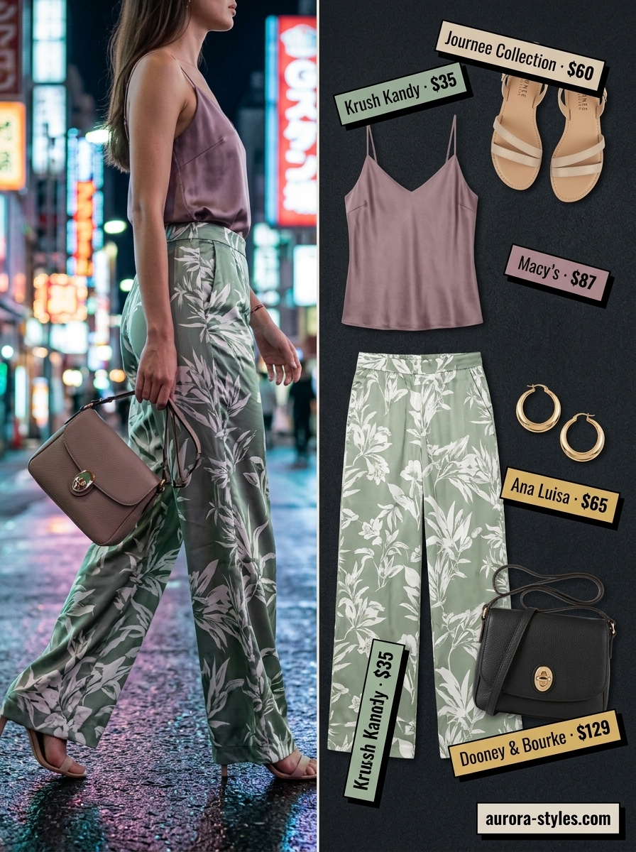 Sage green botanical print trousers for summer garden party 2026. Sophisticated, fresh look with silk cami and mules.
