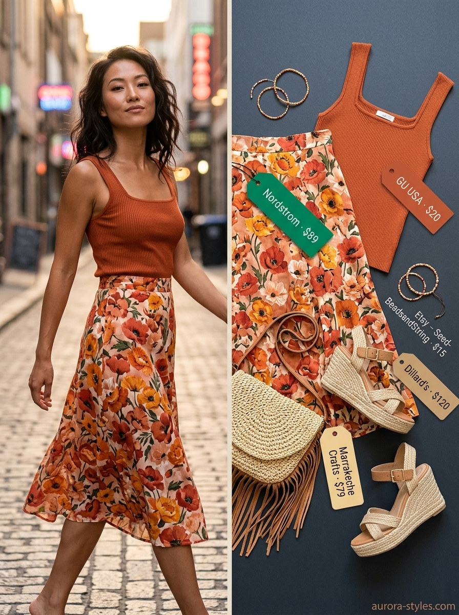 Boho floral midi skirt outfit for summer garden party 2026. Whimsical, artistic look with terracotta tank, espadrilles, and straw bag.