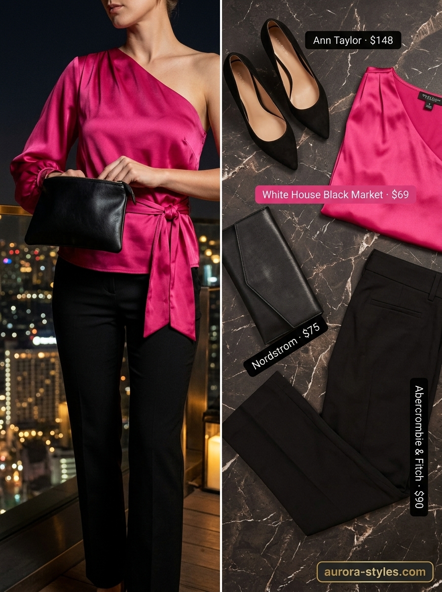 Hot pink one-shoulder top outfit for summer garden party 2026. Bold, edgy look with black trousers and gold earrings.