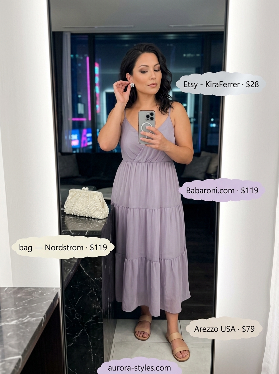 Lavender maxi dress for summer garden party 2026. Romantic, ethereal look with silver sandals and clutch.