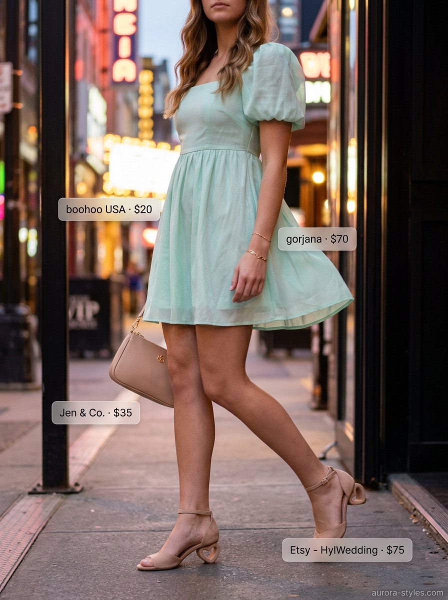 Mint green puff-sleeve dress for summer garden party 2026. Sweet, chic look with blush heels and nude crossbody bag.