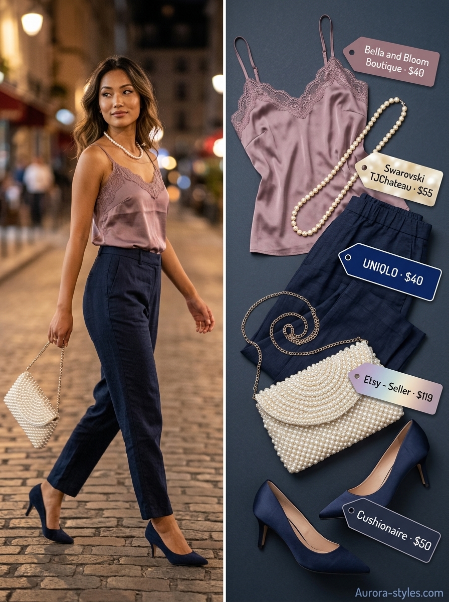 Navy tailored trousers for summer garden party 2026. Refined, polished look with blush silk cami and kitten heels.