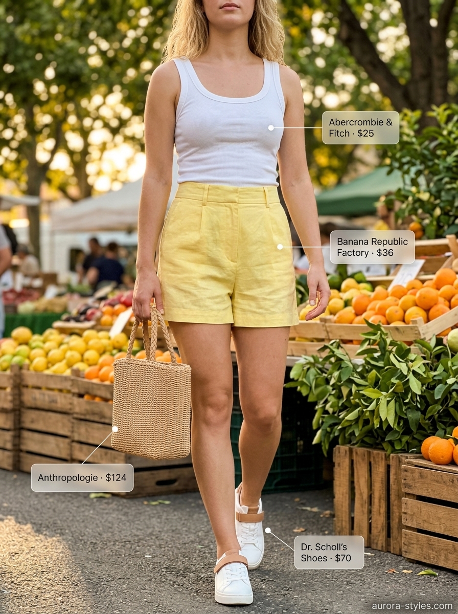 Lemon yellow shorts outfit for summer garden party 2026. Crisp, cheerful, sporty-chic look with white tank, blue shirt, and sneakers.