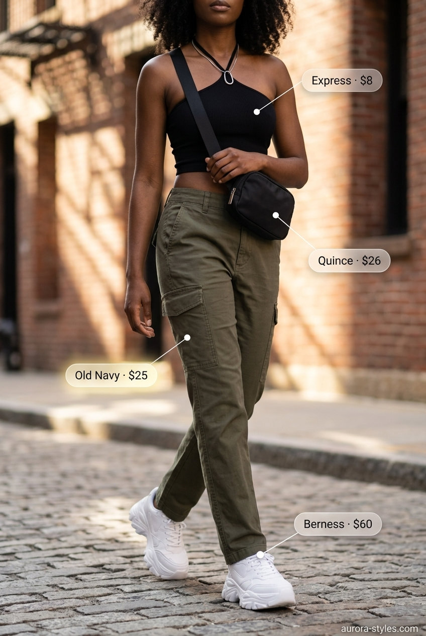 Modern Summer Halter Outfits 2026: Urban Edge Edgy summer Halter neck outfits for women 2026: Black crop top, olive cargo pants, platform sneakers, silver necklace.