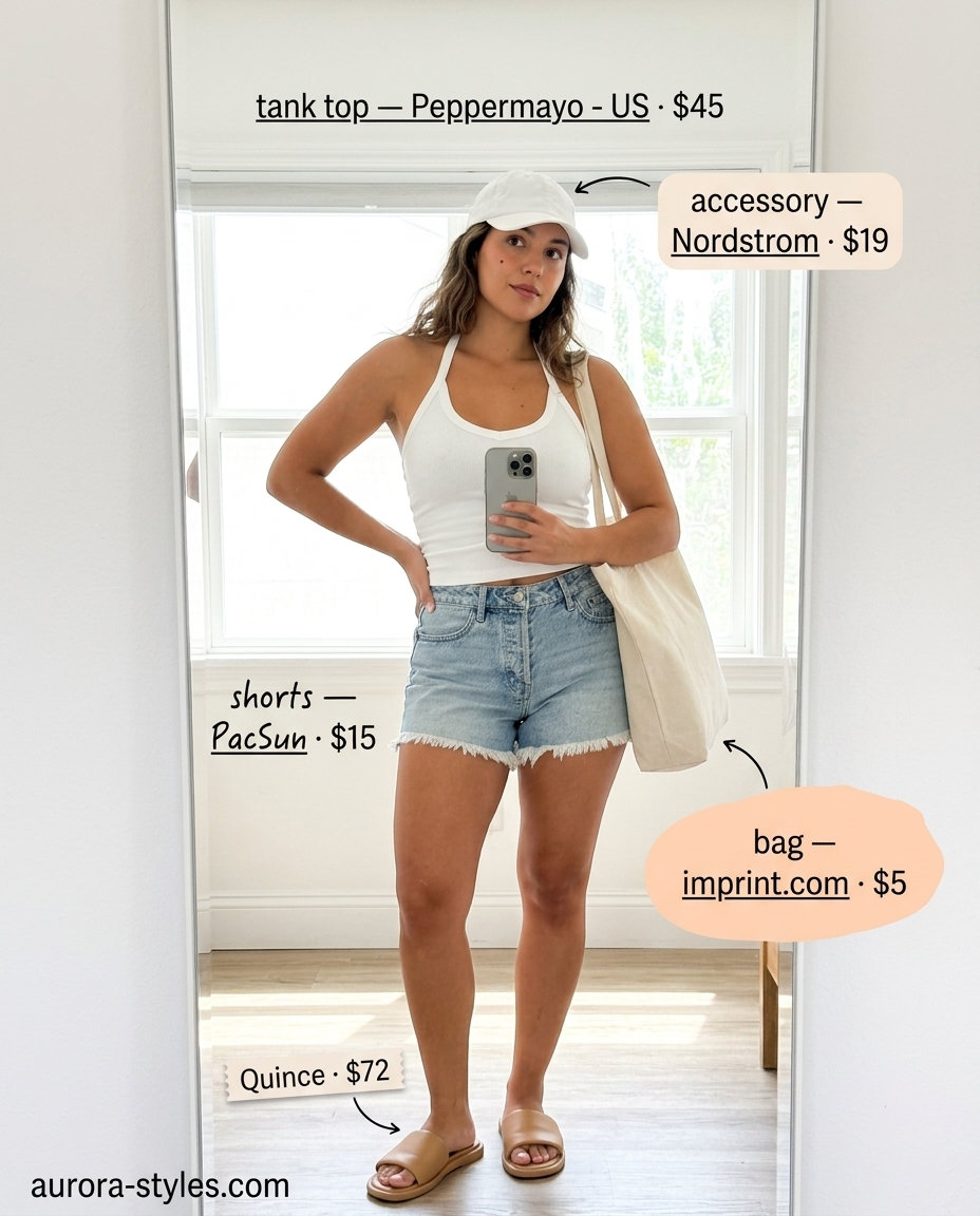 Casual Summer Halter Outfits 2026: Effortless Style Casual summer Halter neck outfits for women 2026: White tank, denim shorts, tan sandals, tote bag for errands.