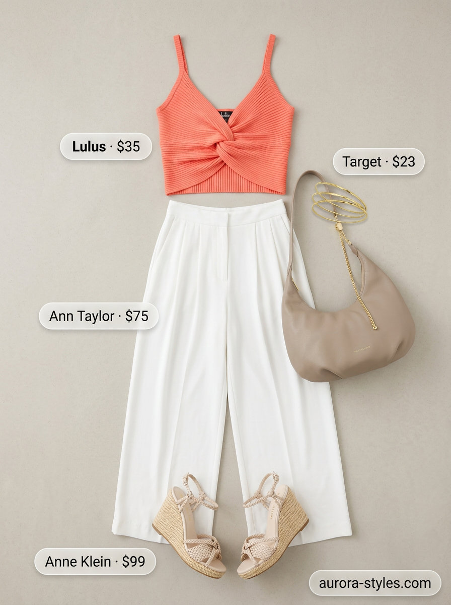 Chic Summer Halter Outfits 2026: City Style Urban summer Halter neck outfits for women 2026: Coral crop top, white wide-leg pants, espadrilles, crossbody bag.