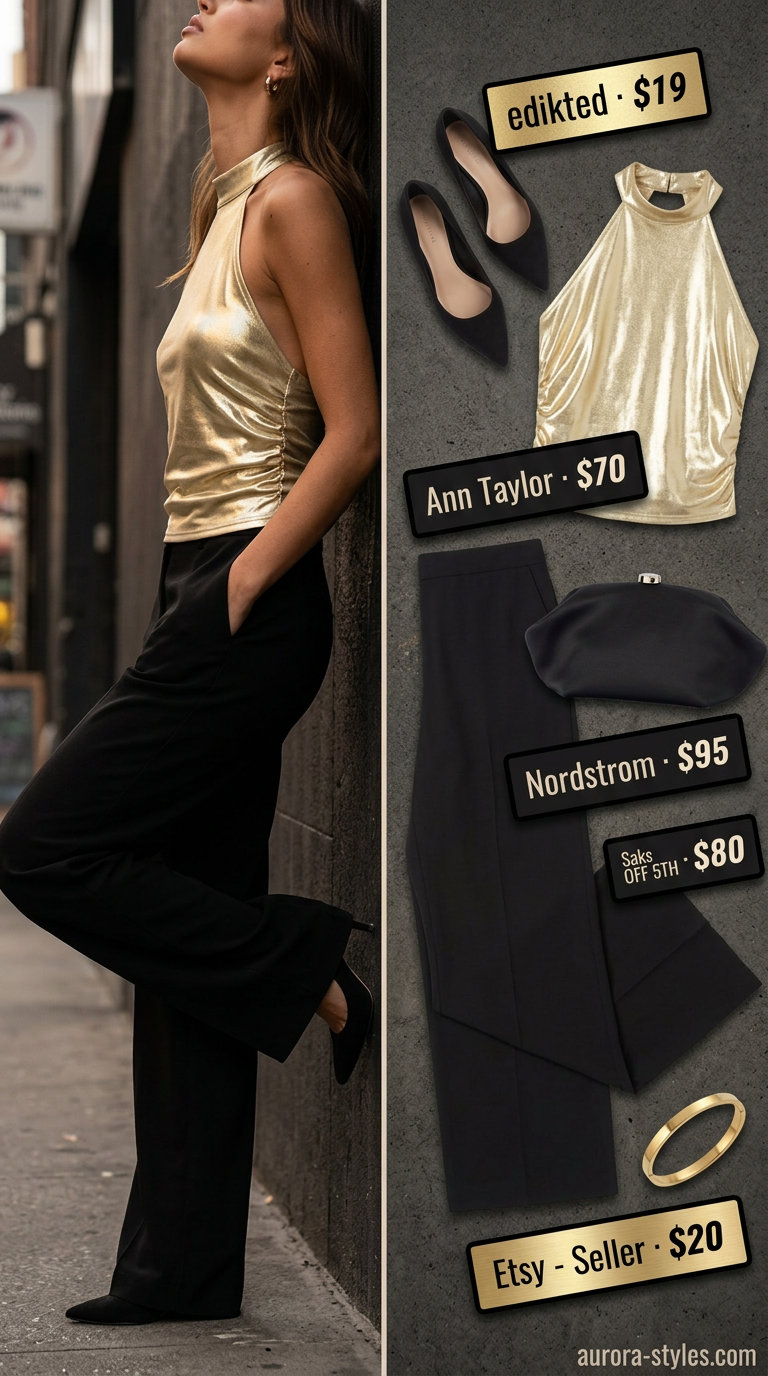 Glamorous Summer Halter Outfits 2026: Evening Sparkle Glamorous summer Halter neck outfits for women 2026: Gold metallic top, black wide-leg pants, stiletto heels, clutch.