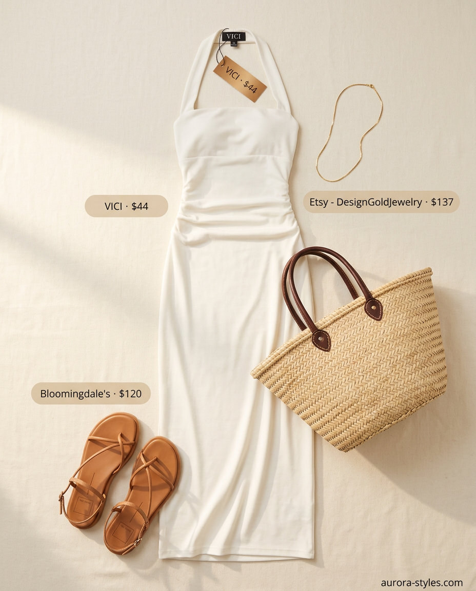 Romantic Summer Halter Outfits 2026: Coastal Elegance Effortless summer Halter neck outfits for women 2026: Ivory maxi dress, tan sandals, straw tote, layered necklaces.