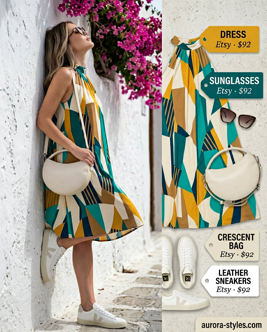 Retro Summer Halter Outfits 2026: Fun & Feminine Playful summer Halter neck outfits for women 2026: Mustard yellow mini dress, white sneakers, cat-eye sunglasses.