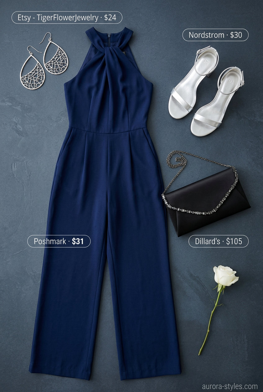 Sophisticated summer Halter neck outfits for women 2026: Navy wide-leg jumpsuit, silver sandals, and statement earrings.