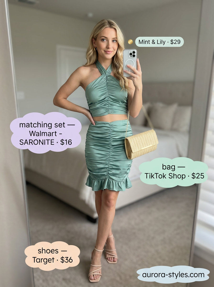 Polished Summer Halter Outfits 2026: Brunch Ready Chic summer Halter neck outfits for women 2026: Sage green knit set, cream block heels, gold hoop earrings.