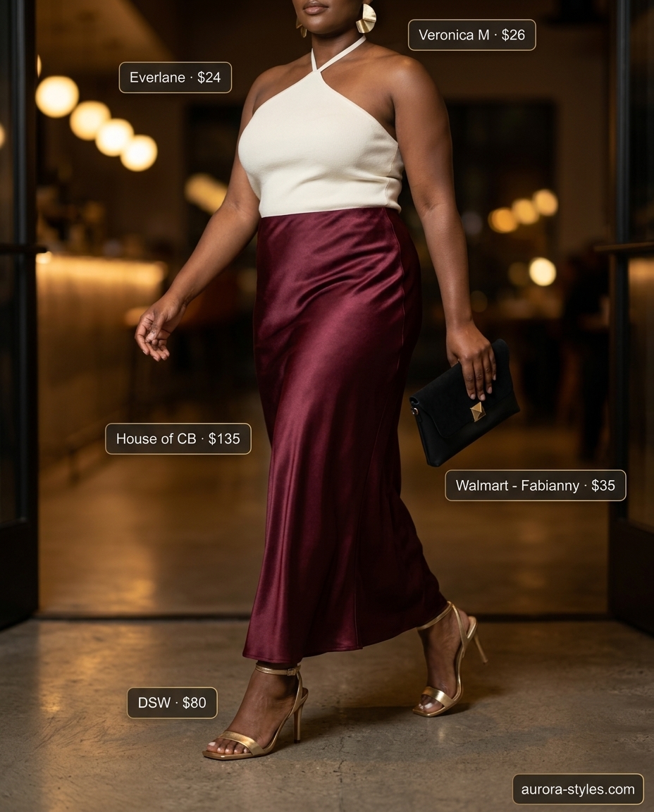 Glamorous Halter Skirt Outfit 2026 Sophisticated burgundy satin slip skirt with a halter waistband, paired with a cream tank and gold heels.
