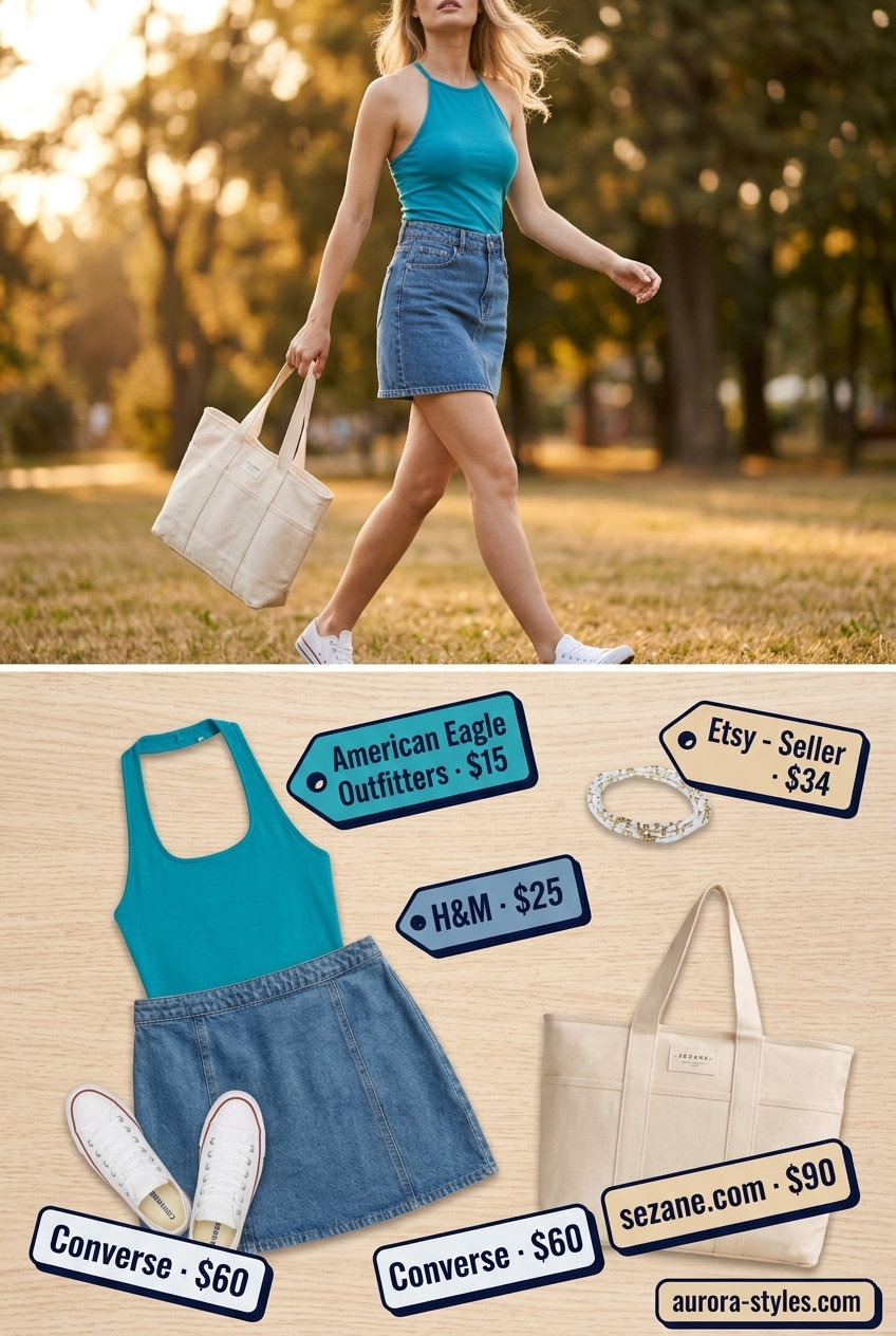 Casual Halter Top & Denim Skirt Outfit 2026 Casual teal blue halter top with denim mini skirt for summer outfits for women 2026.