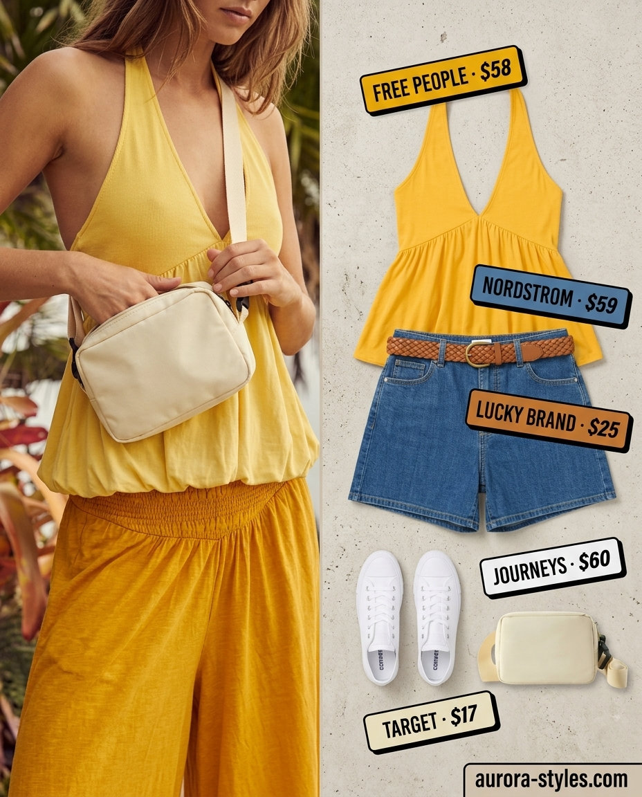 Casual Halter Tee & Denim Shorts Outfit 2026 Mustard yellow halter tee with denim shorts for casual summer outfits 2026.