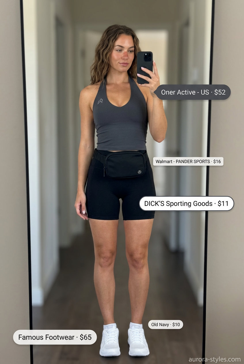 Athleisure Halter Tank Outfit 2026 Athletic charcoal grey halter tank top with black bike shorts, white sneakers, and a black belt bag.