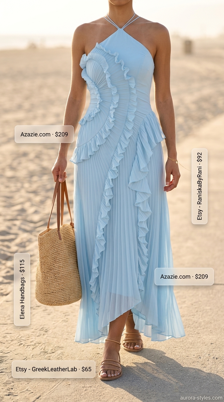 Coastal Halter Maxi Dress for Vacation 2026 Sky blue halter maxi dress with tan sandals for beach vacation outfits 2026.
