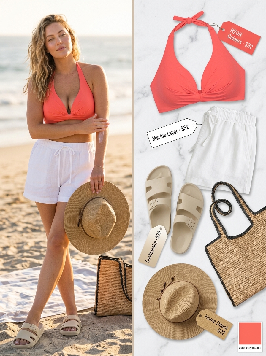 Sporty Halter Swim Top Outfit 2026 Sporty coral halter bikini top with white linen shorts, straw hat, and slides for a beach day.