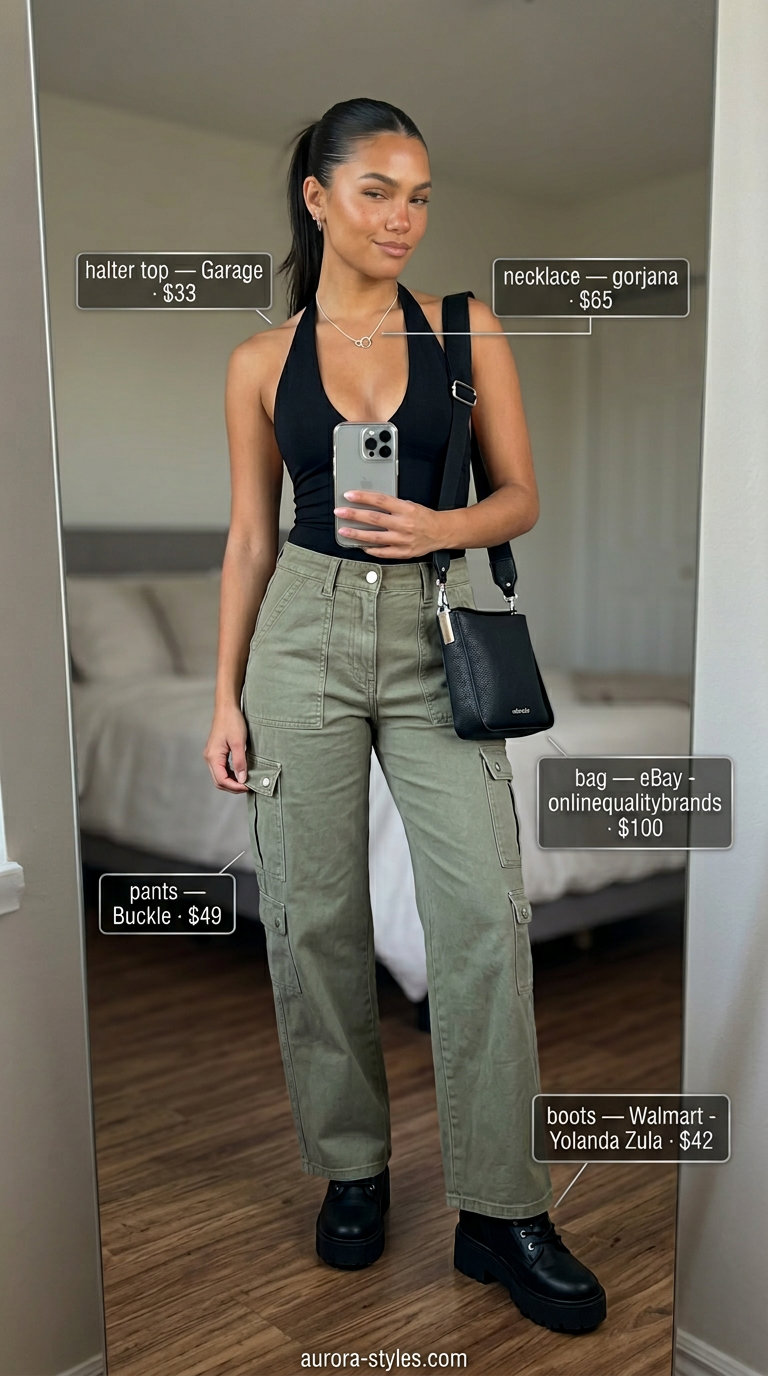 Edgy Halter Top & Cargo Pants Street Style 2026 Black halter top with khaki cargo pants for edgy street style 2026.