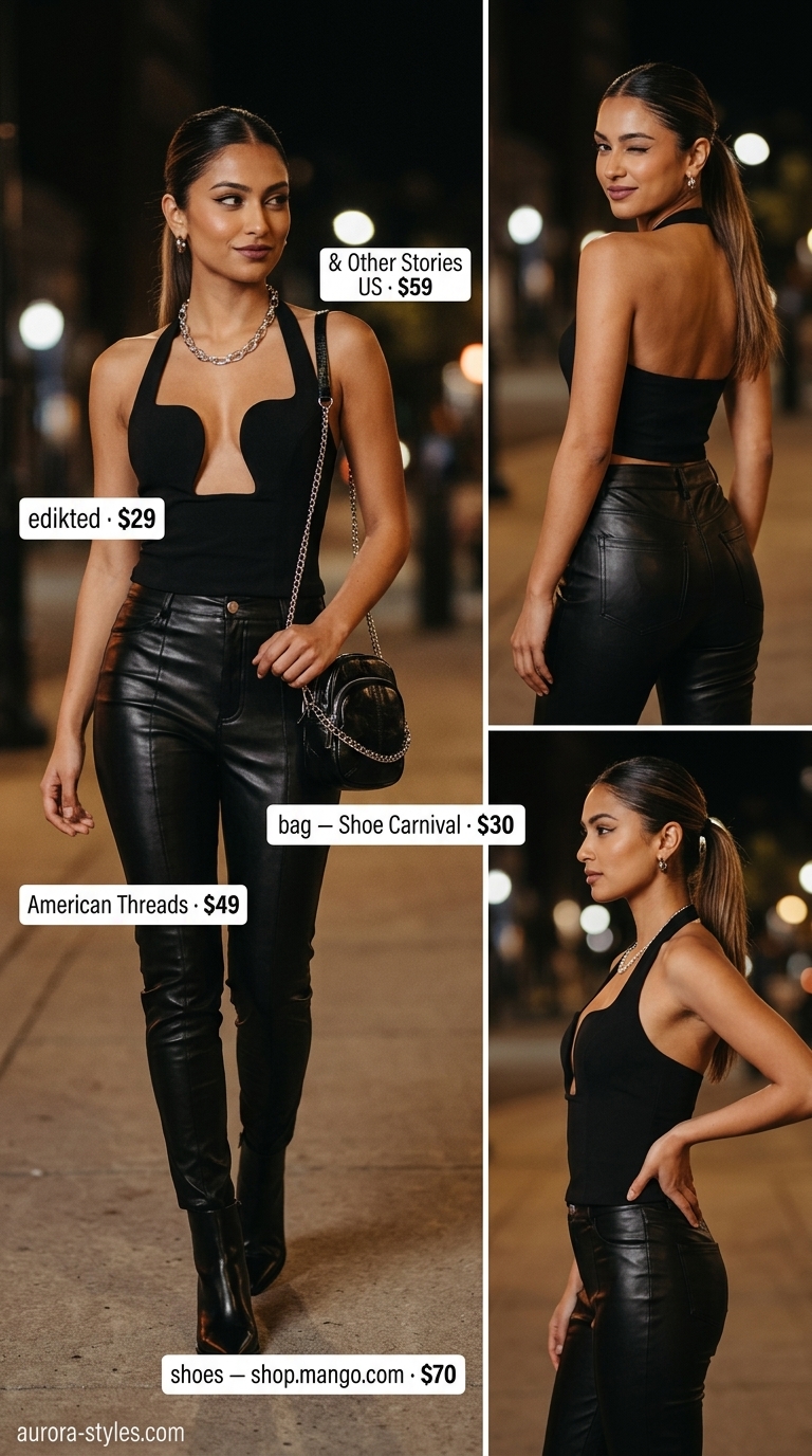 Edgy Halter Top & Faux Leather Pants Outfit 2026 Black halter top with faux leather pants for edgy evening outfits 2026.